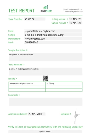 Original Janoshik laboratory report — 5-Amino-1MQ 50mg