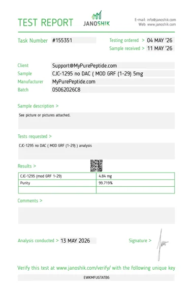 Original Janoshik laboratory report — CJC-1295 No DAC 5mg