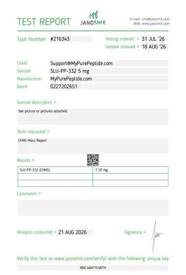 Original Janoshik laboratory report — SLU-PP-332 5mg