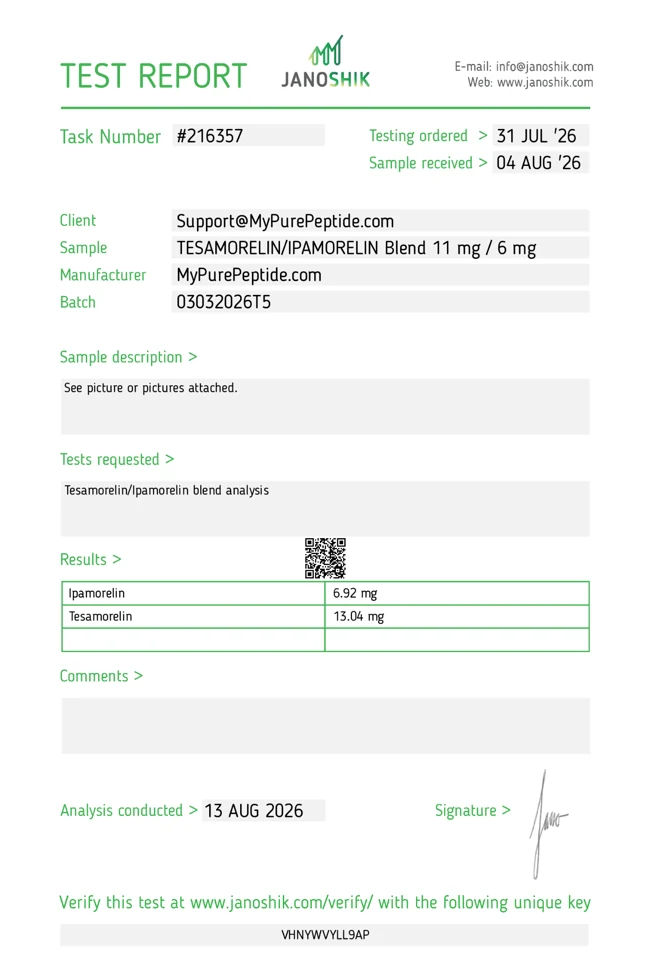 Original Janoshik laboratory report — Tesamorelin & Ipamorelin 17mg