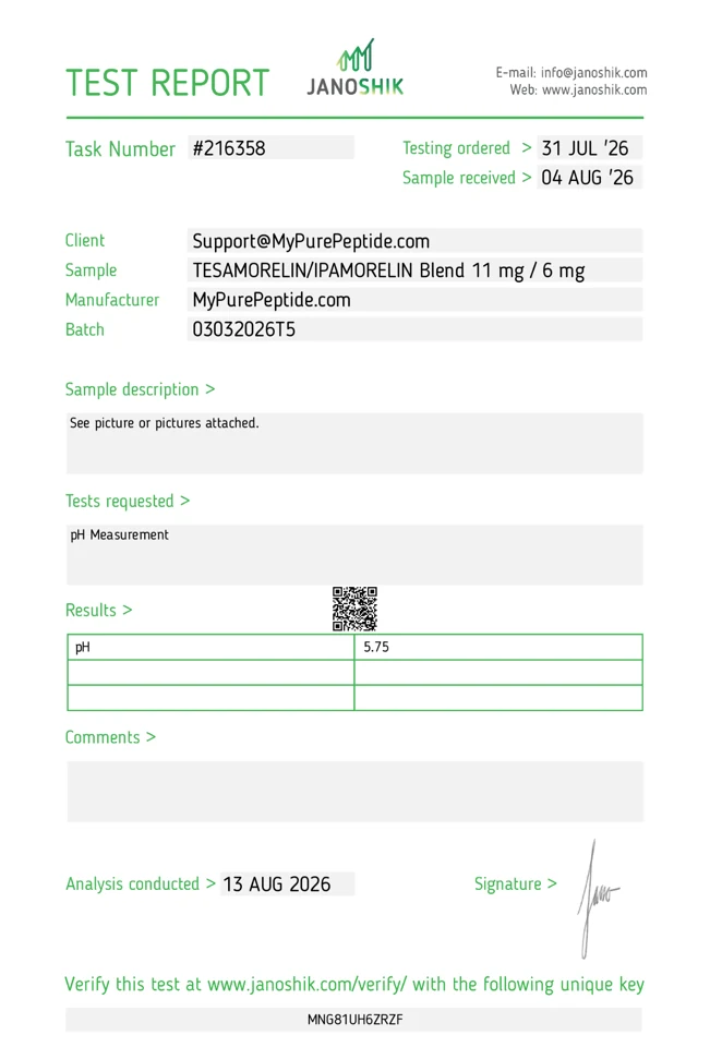 Original Janoshik laboratory report — Tesamorelin & Ipamorelin 17mg