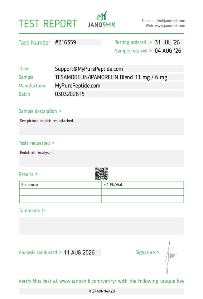 Original Janoshik laboratory report — Tesamorelin & Ipamorelin 17mg