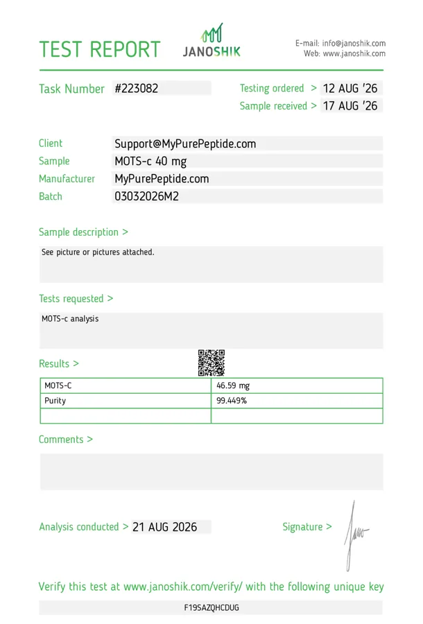 Original Janoshik laboratory report — MOTS-c 40mg