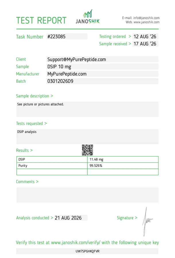 Original Janoshik laboratory report — DSIP 10mg