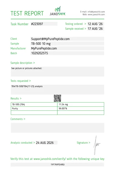 Original Janoshik laboratory report — TB-500 10mg