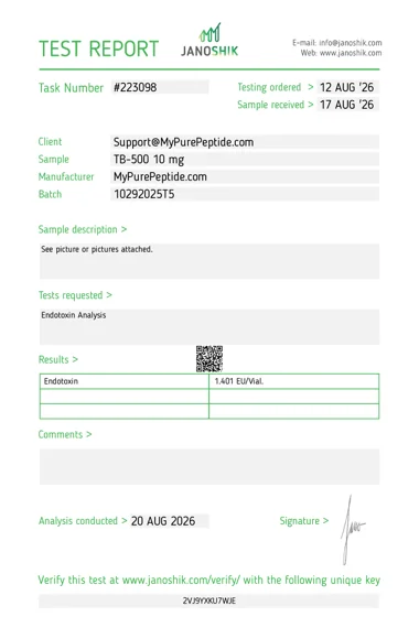 Original Janoshik laboratory report — TB-500 10mg