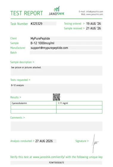 Original Janoshik laboratory report — Vitamin B-12 10mg/10mL