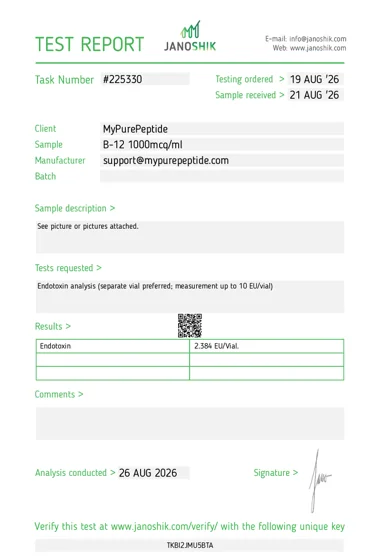 Original Janoshik laboratory report — Vitamin B-12 10mg/10mL