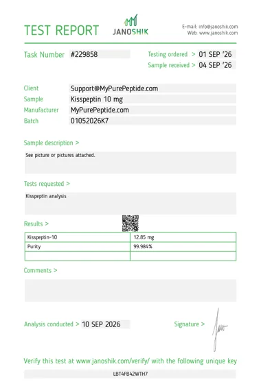 Original Janoshik laboratory report — Kisspeptin-10 10mg