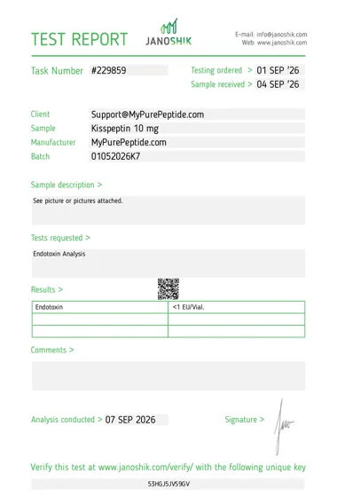 Original Janoshik laboratory report — Kisspeptin-10 10mg