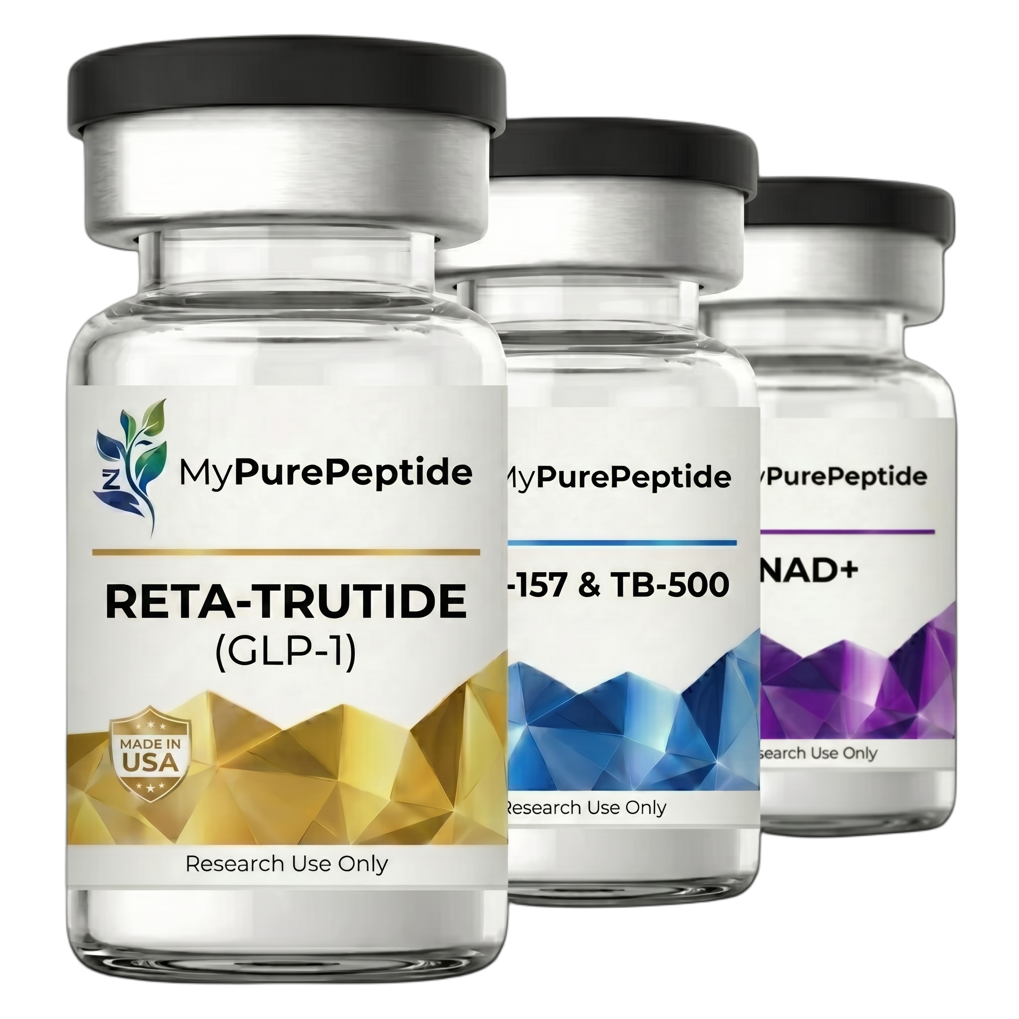 MyPurePeptide vials of Semaglutide, BPC-157 & TB-500, and NAD+