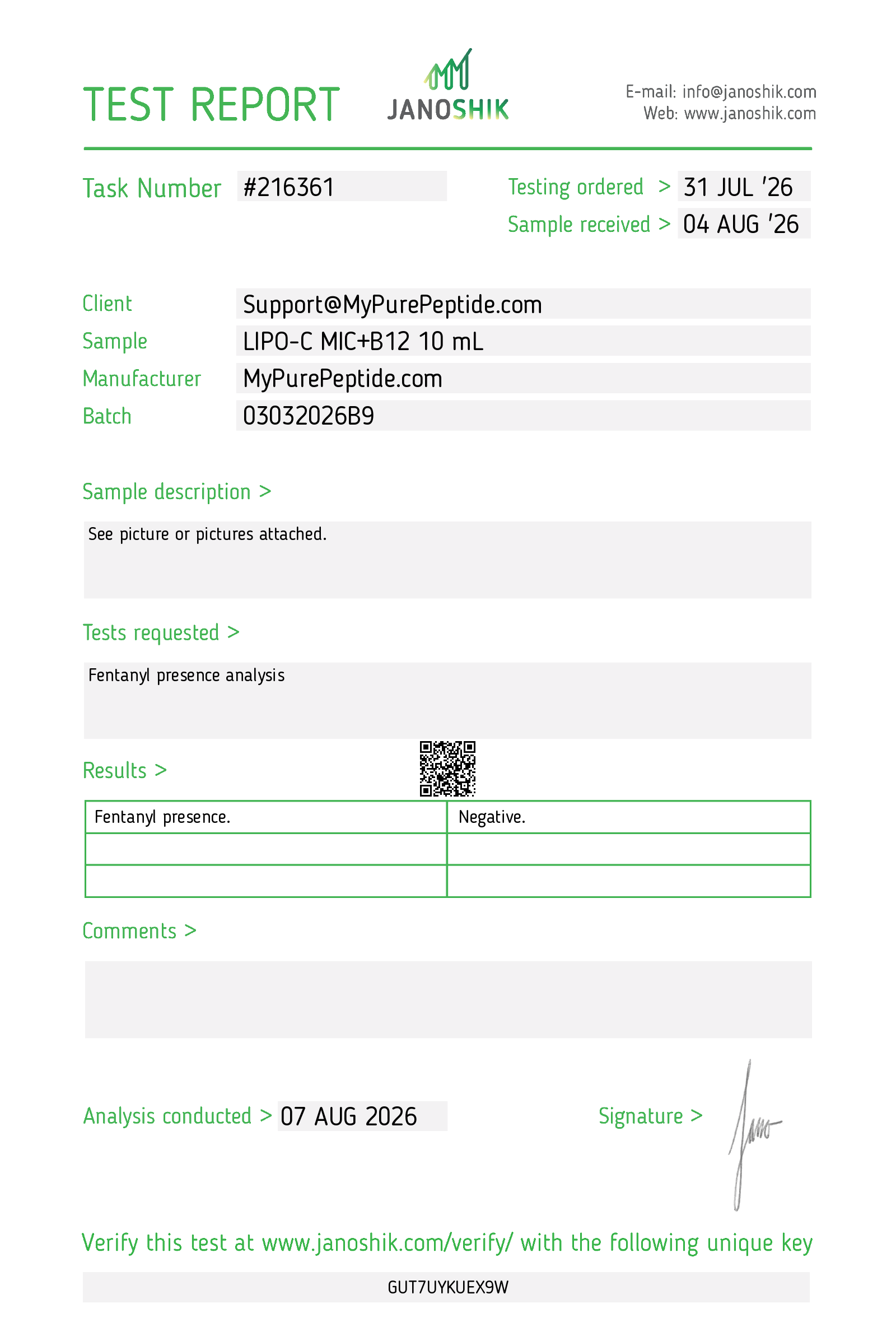 Third-party laboratory report for current lot
