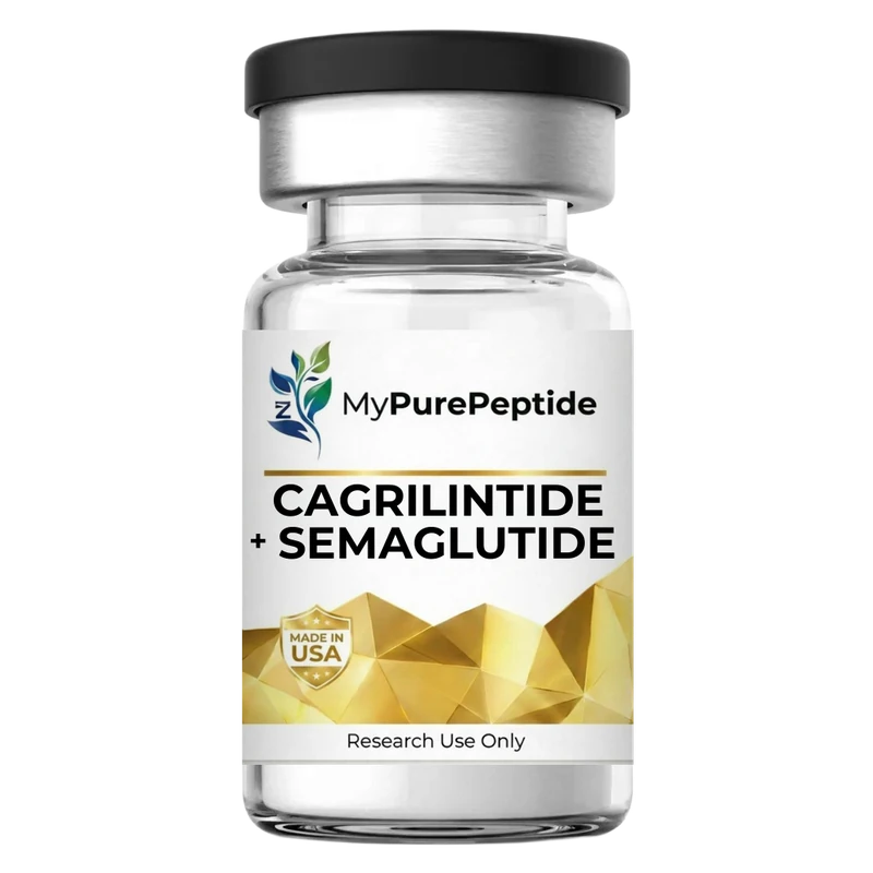 MyPurePeptide Cagrilintide and Semaglutide blend vial with a gold geometric label and black cap.