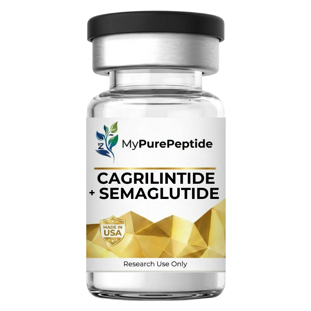 MyPurePeptide Cagrilintide and Semaglutide blend vial with a gold geometric label and black cap.